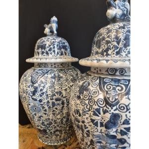 Pair Of 19th C. Delft Earthenware Pots / Covered Pots Potiche