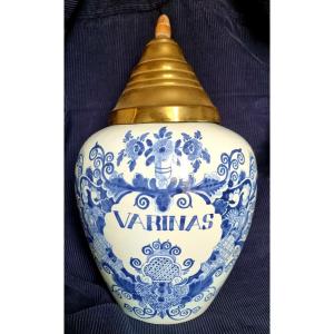 Delft Earthenware Large Tobacco Pot Covered Pot Vase N°1 With White And Blue Pharmacy