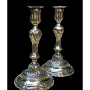 Pair Of Louis XV Period Candlesticks Silver Metal Silver Plated XVIIIth Model Of The King