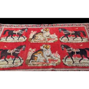 TAPIS  D'ORIENT CAUCASE KARABAGH NOUÉ MAIN VERS 1900 CHEVAUX CHIENS