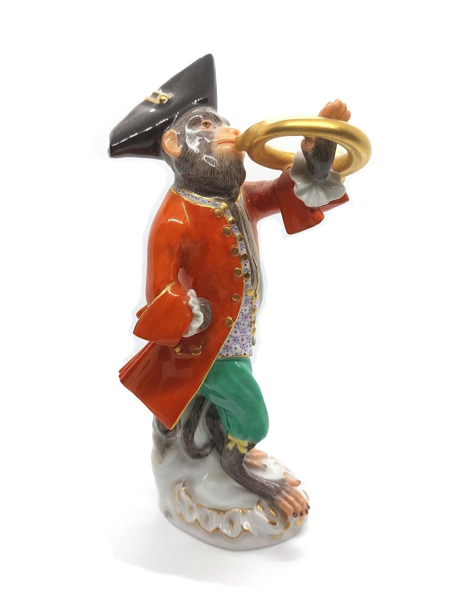 Monkey Musician Figurine "horn Player" By The Meissen Manufacture-photo-3