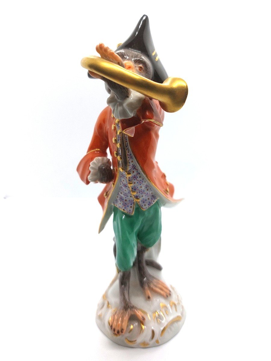 Monkey Musician Figurine "horn Player" By The Meissen Manufacture-photo-4