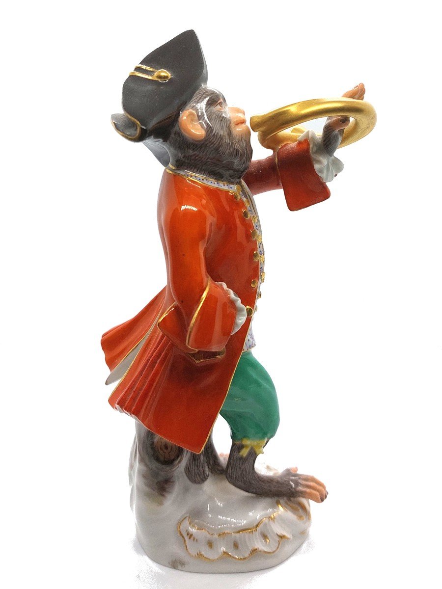 Monkey Musician Figurine "horn Player" By The Meissen Manufacture-photo-4