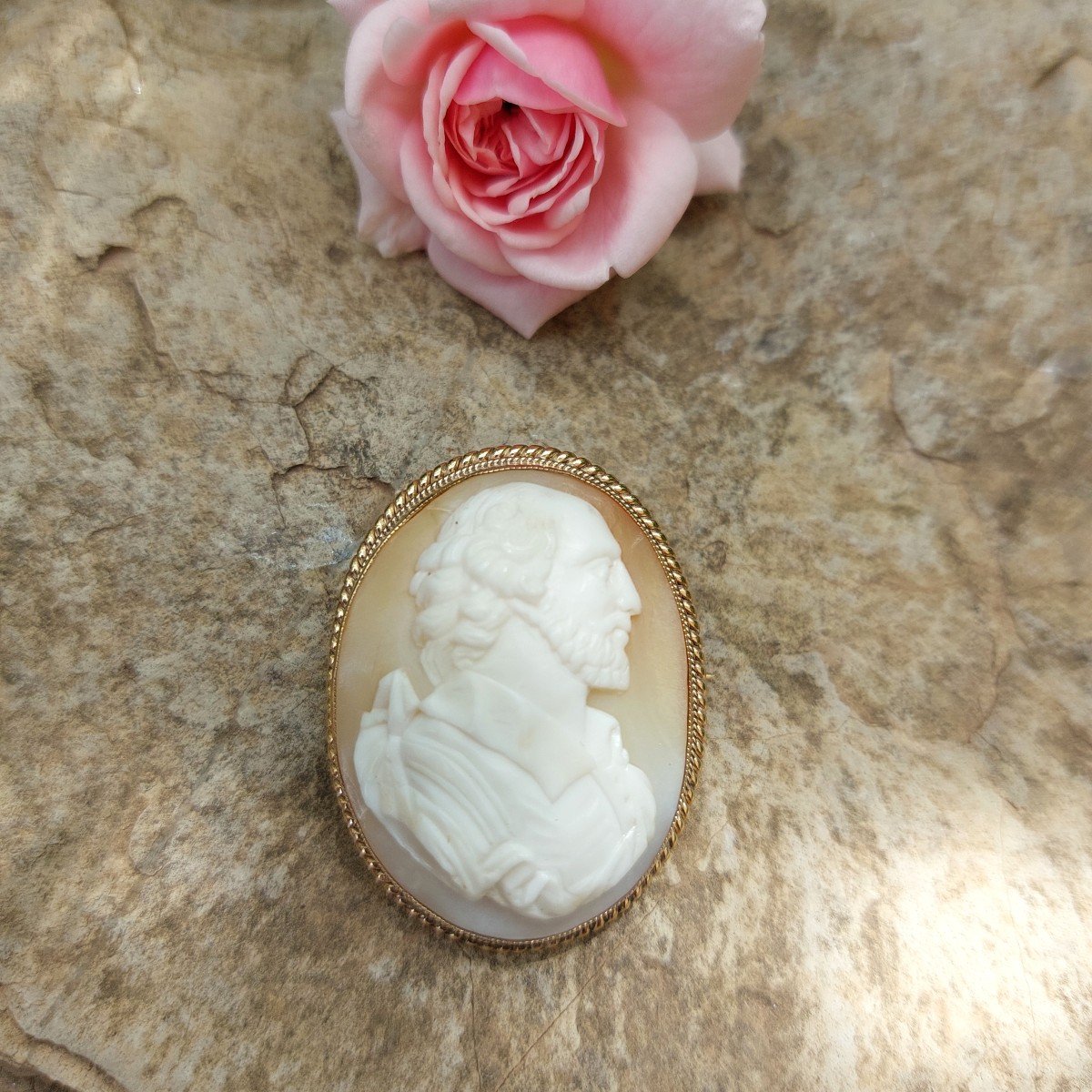 “shakespeare” Camee Brooch, Gold, Shell, 19th Century, English-photo-3