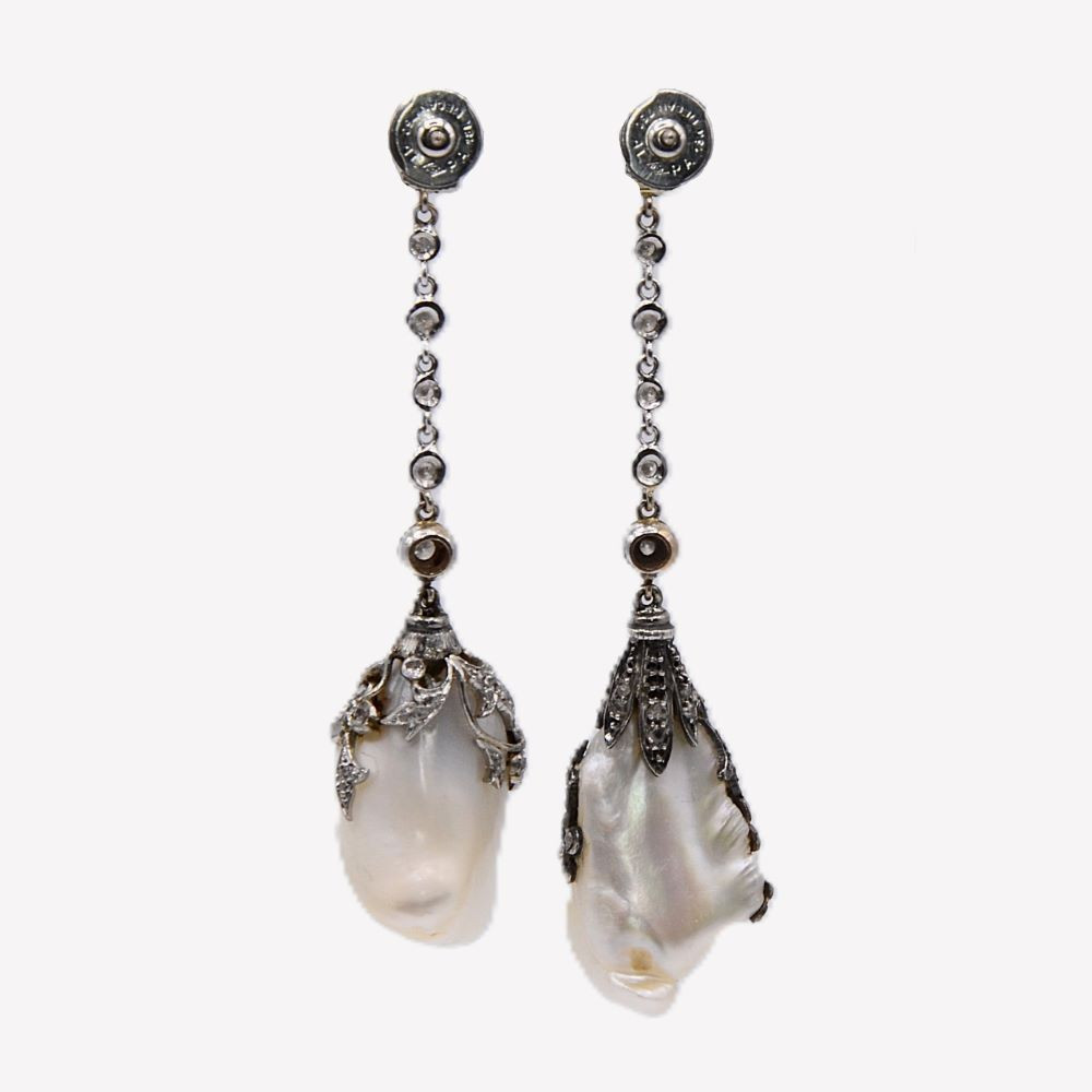 Pendants D’oreilles Perles Fines « Poema » ART NOUVEAU, Or, Argent, Diamants-photo-4