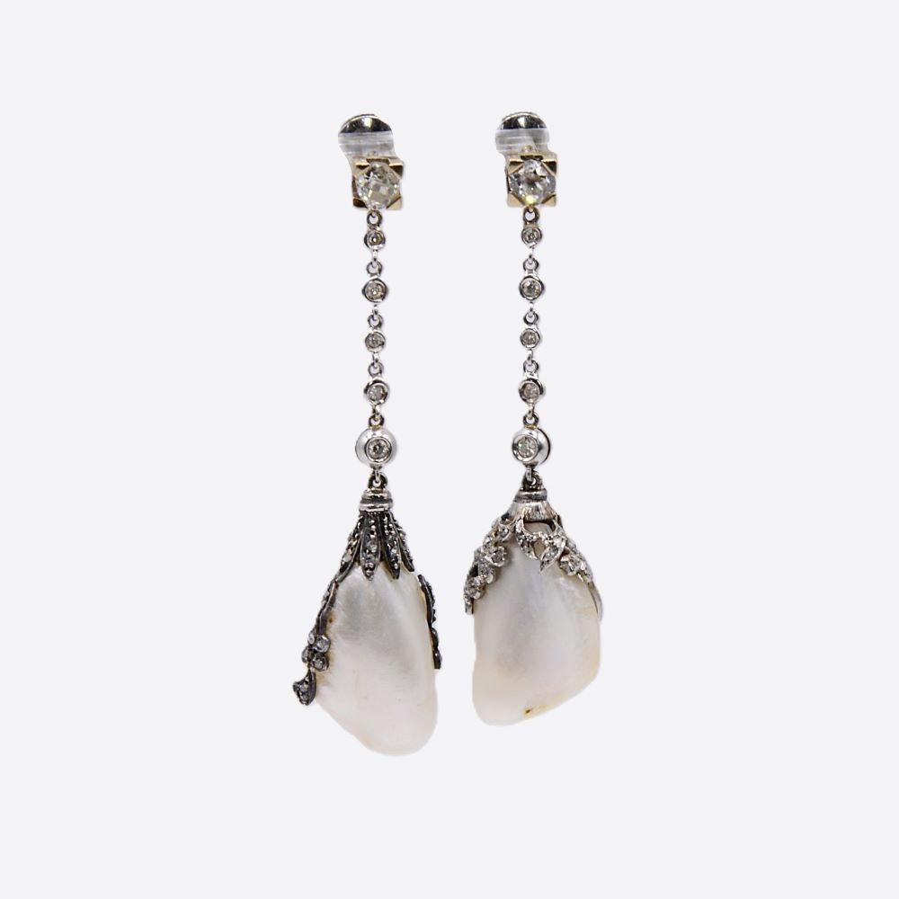 Pendants D’oreilles Perles Fines « Poema » ART NOUVEAU, Or, Argent, Diamants