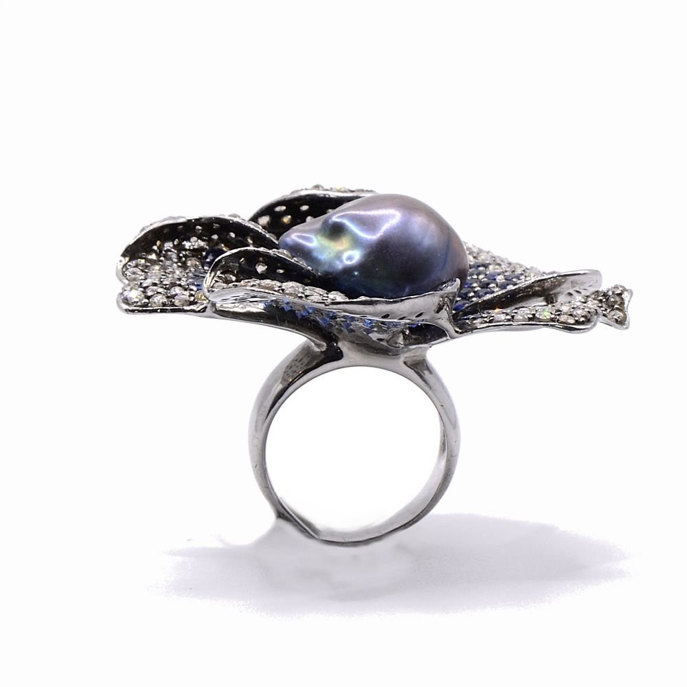 "ipomée" Flower Ring - Tahitian Pearl, Diamonds, Sapphires And 925 Silver - Modern Era-photo-2