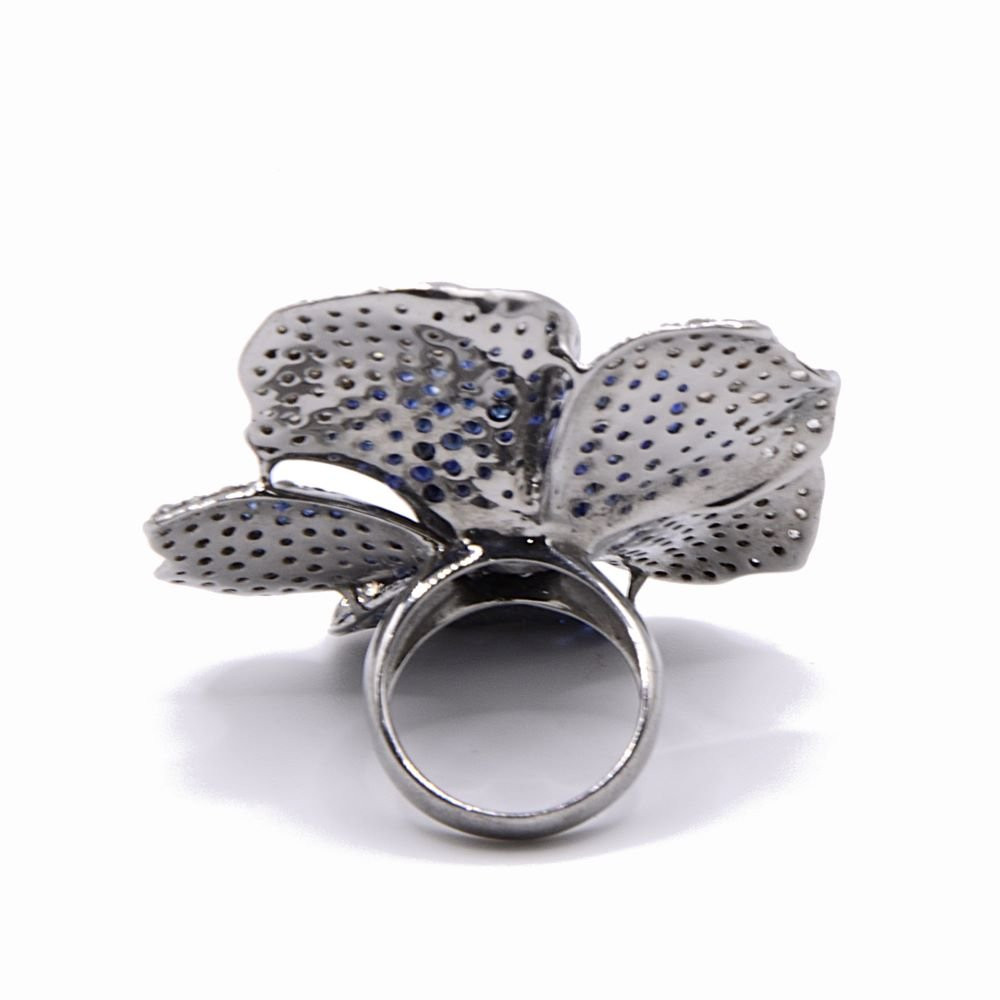 "ipomée" Flower Ring - Tahitian Pearl, Diamonds, Sapphires And 925 Silver - Modern Era-photo-3