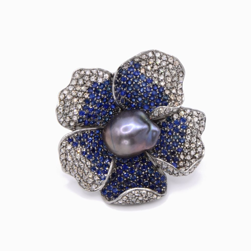 "ipomée" Flower Ring - Tahitian Pearl, Diamonds, Sapphires And 925 Silver - Modern Era
