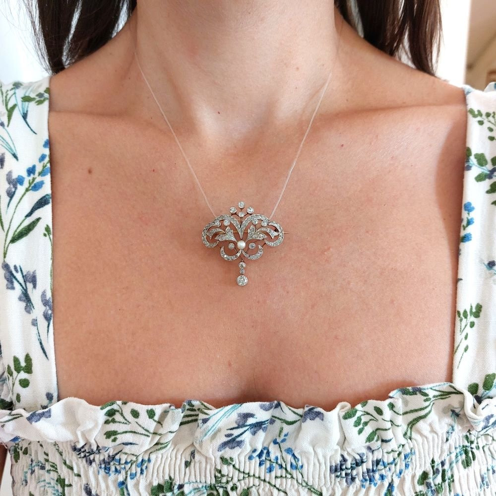 Broche Art Nouveau "Constantia" transformable – Diamants, perle, or 18k et argent 925-photo-2