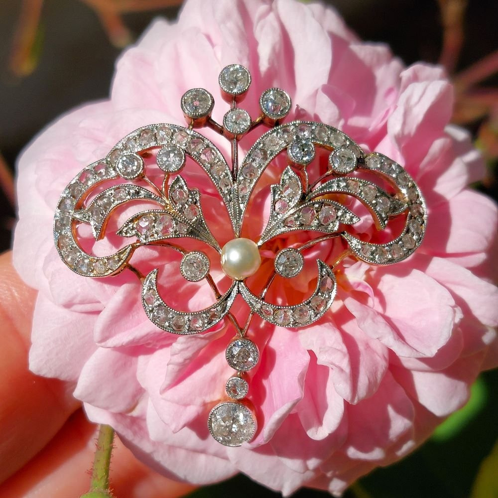 Broche Art Nouveau "Constantia" transformable – Diamants, perle, or 18k et argent 925-photo-4