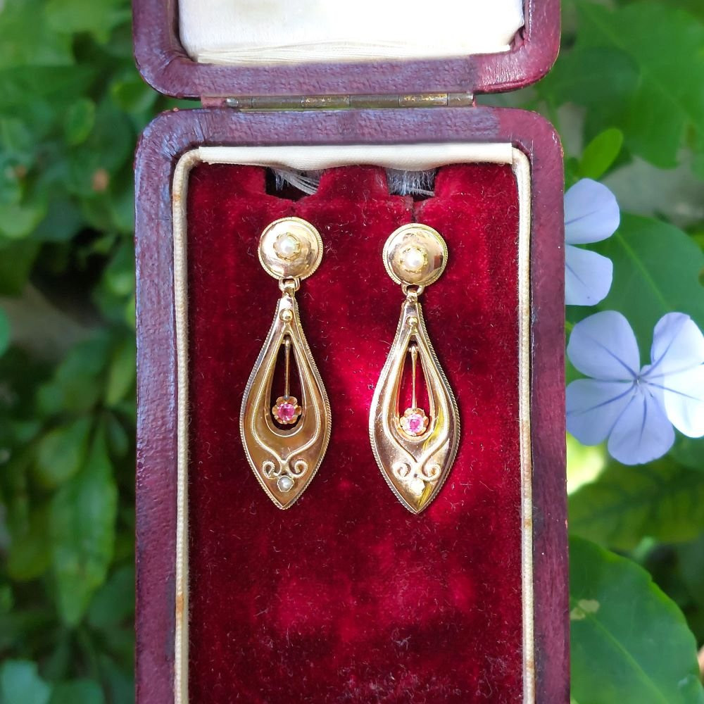 Antique "incarnat" Earrings – 18k Yellow Gold, Rubies, Pearls – Early 20th Century-photo-3