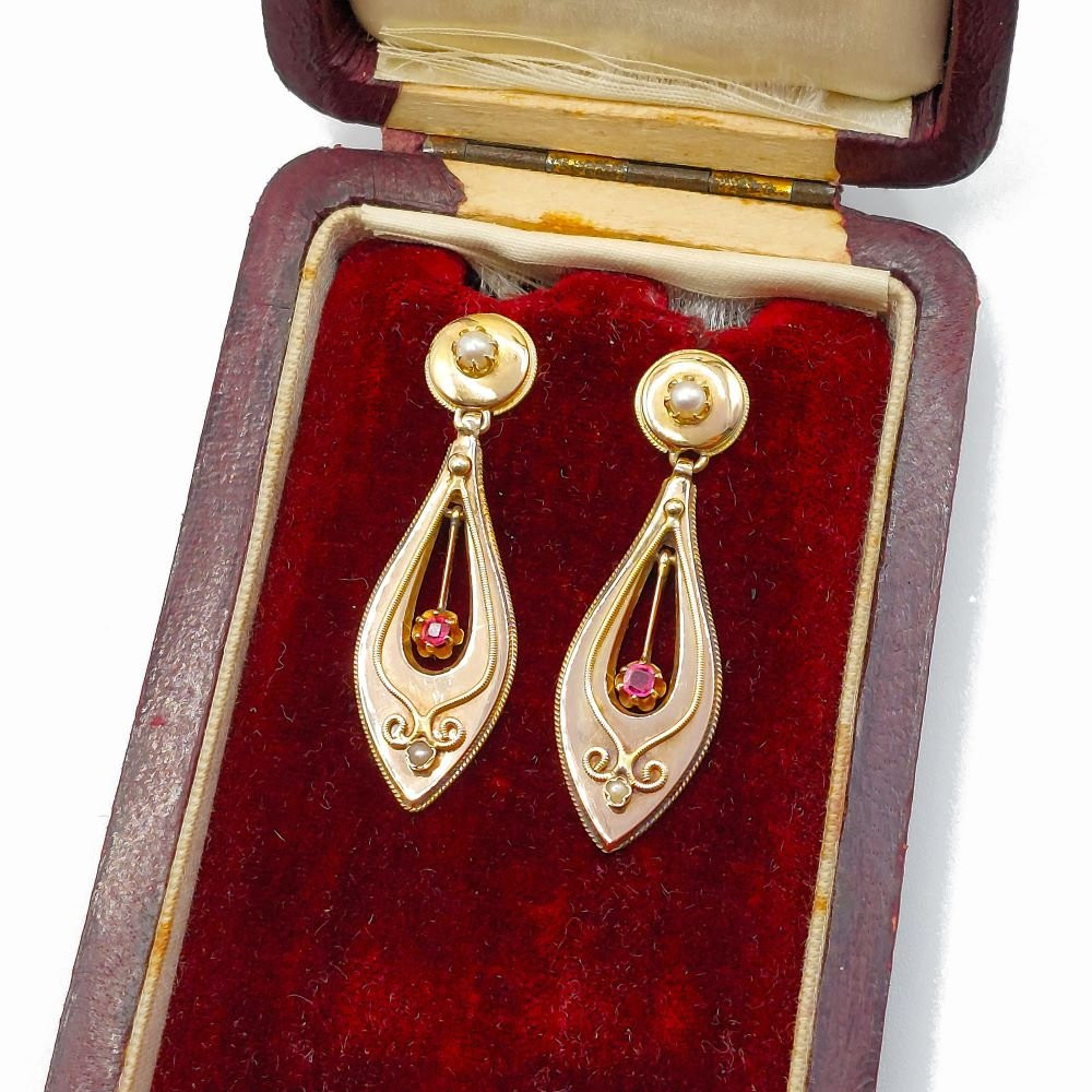 Antique "incarnat" Earrings – 18k Yellow Gold, Rubies, Pearls – Early 20th Century-photo-4