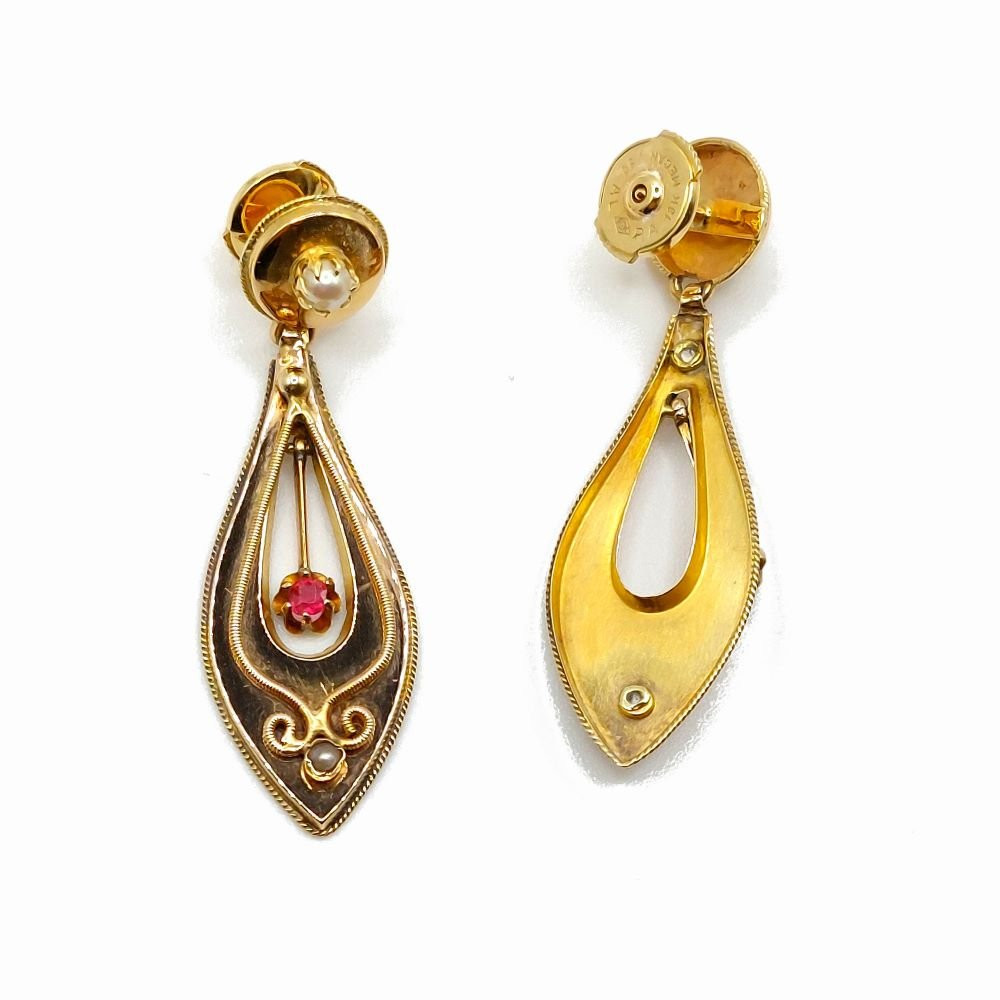 Antique "incarnat" Earrings – 18k Yellow Gold, Rubies, Pearls – Early 20th Century-photo-2