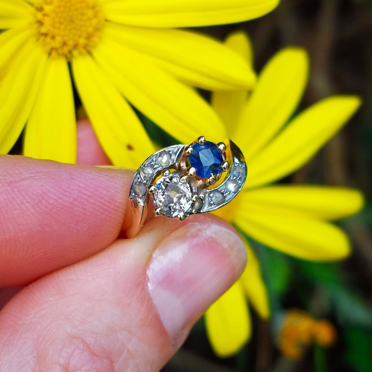 Bague Toi & Moi saphir et diamant - Fin XIXème siècle-photo-3