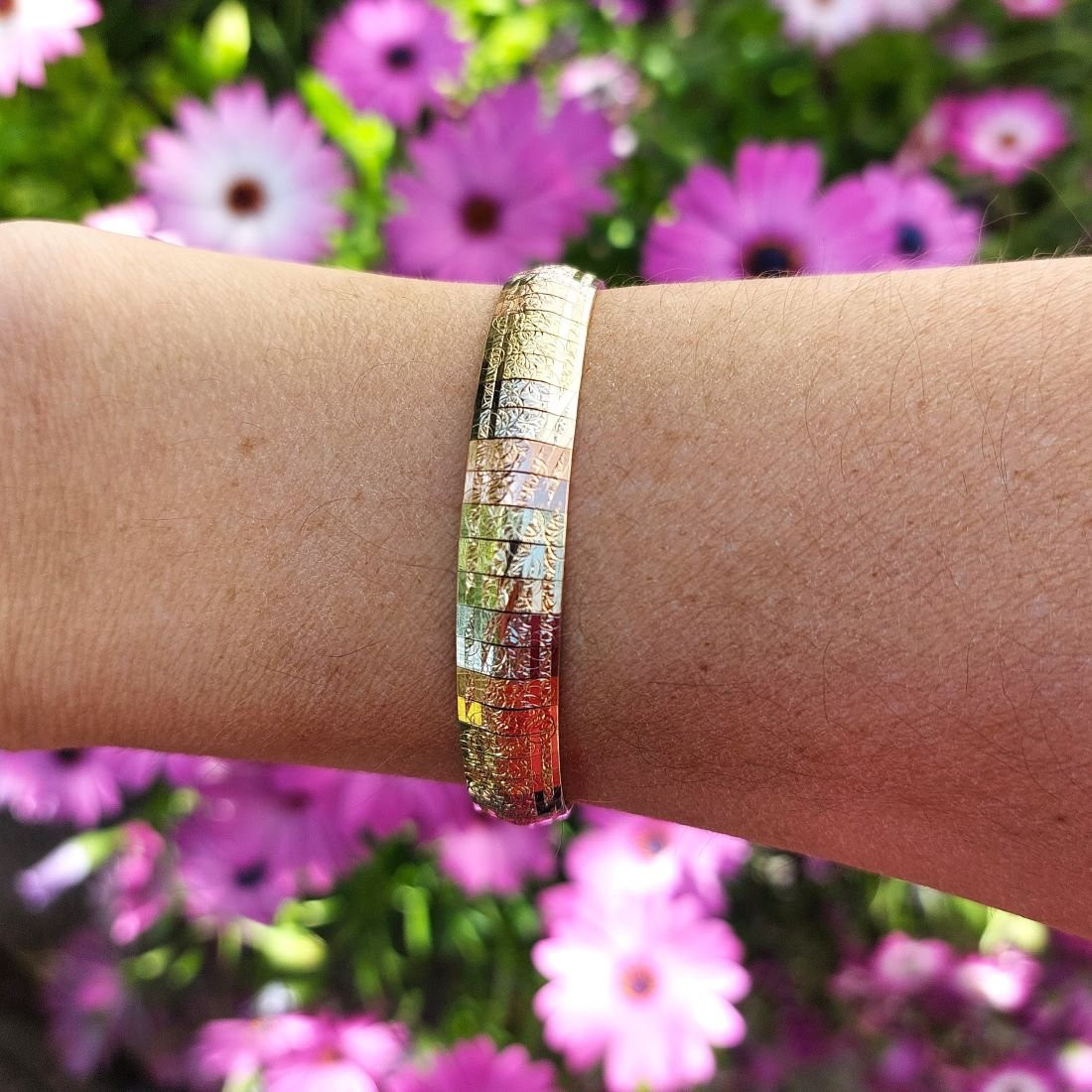 Bracelet ruban trois ors 14k, lamelles articulées ciselées-photo-2