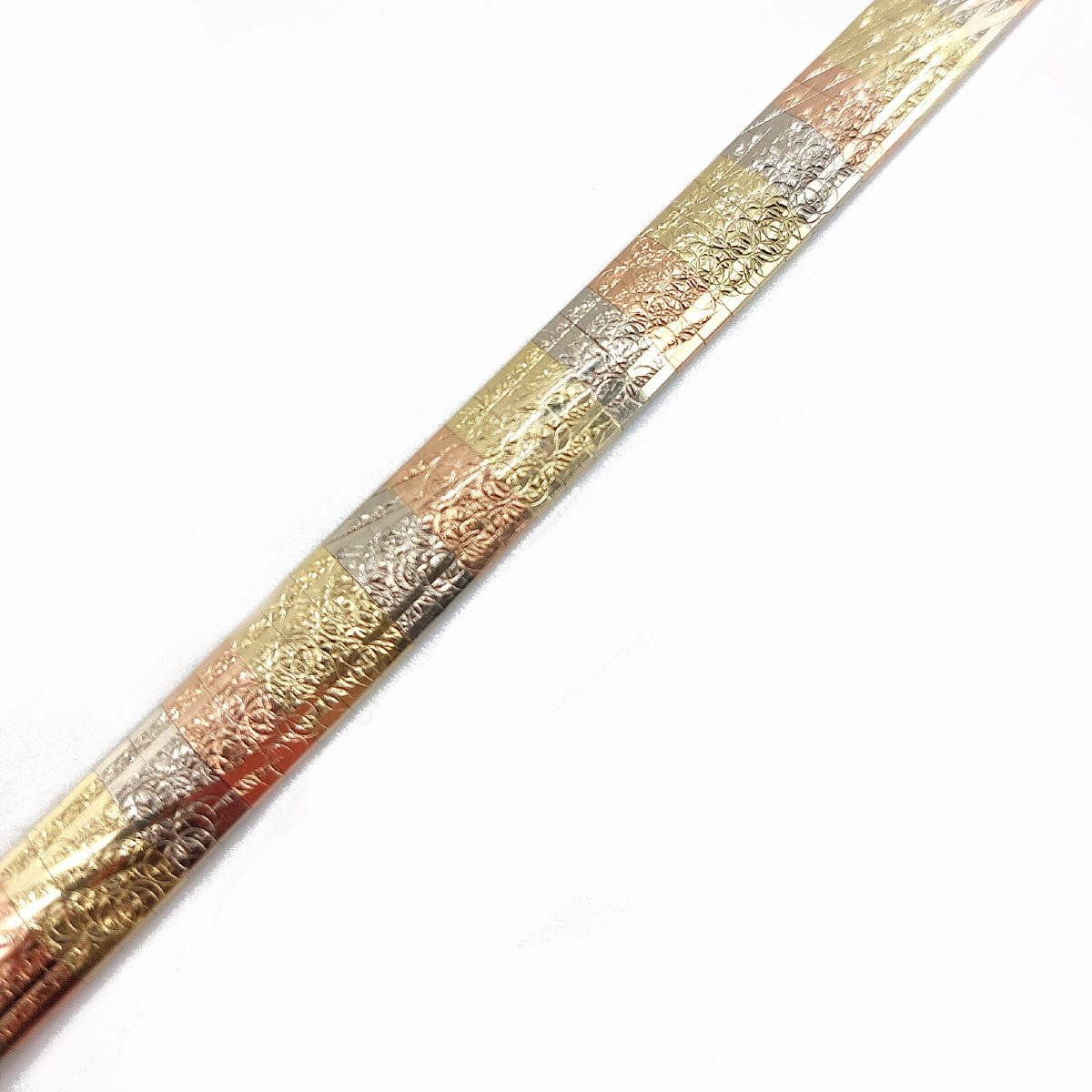 Bracelet ruban trois ors 14k, lamelles articulées ciselées-photo-1