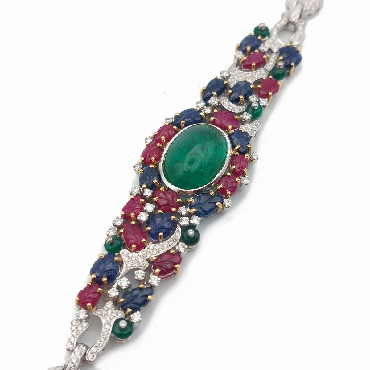 Bracelet Tutti Frutti "rêve indien", cabochon d'émeraude, rubis, saphirs et diamants, or 18k-photo-4