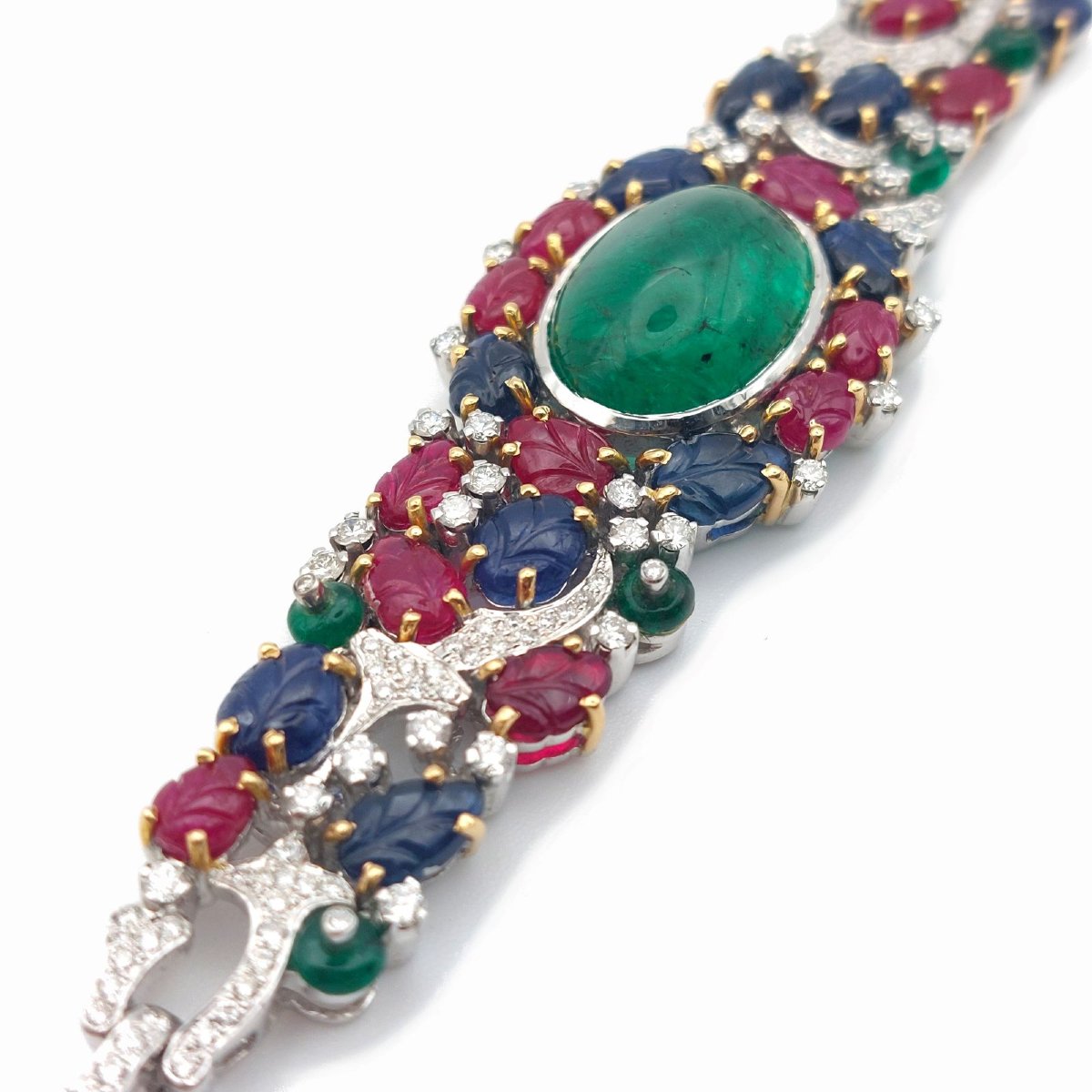 Bracelet Tutti Frutti "rêve indien", cabochon d'émeraude, rubis, saphirs et diamants, or 18k-photo-1
