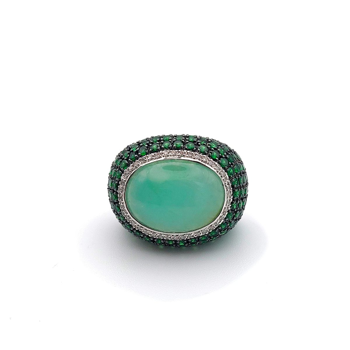 Bague boule "Menthe", cabochon de quartz vert, diamants et tsavorites-photo-4