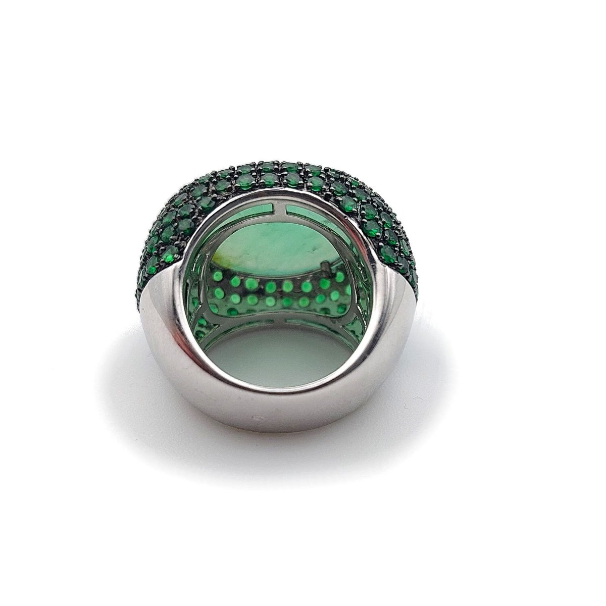 Bague boule "Menthe", cabochon de quartz vert, diamants et tsavorites-photo-3