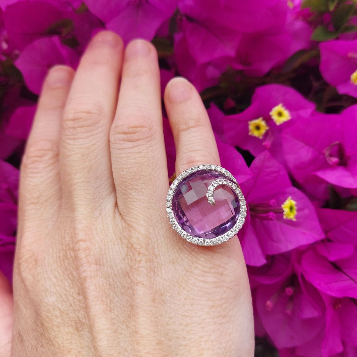 Large Amethyst "spirale" Ring, Diamonds And 18k Rose Gold-photo-2