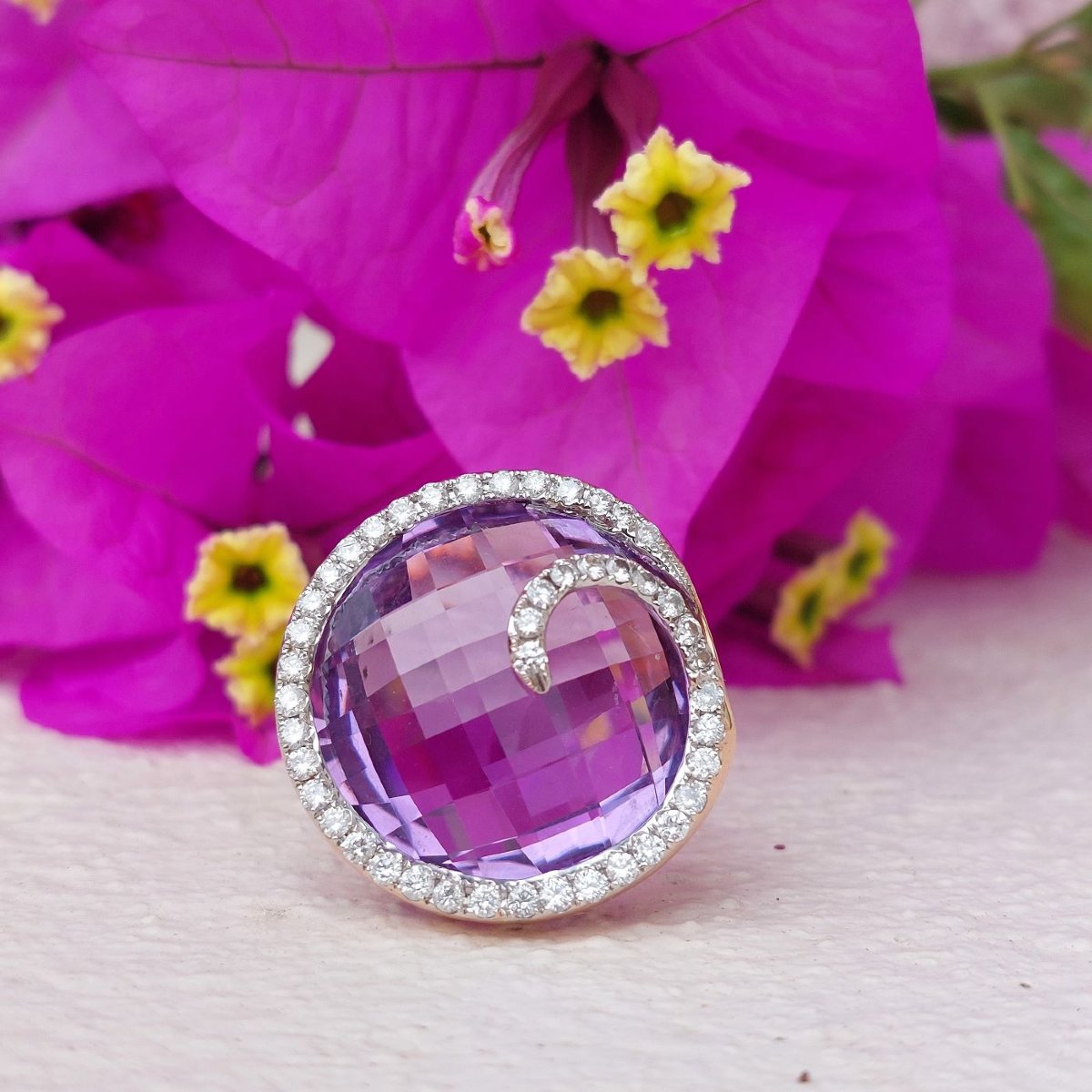 Large Amethyst "spirale" Ring, Diamonds And 18k Rose Gold-photo-3