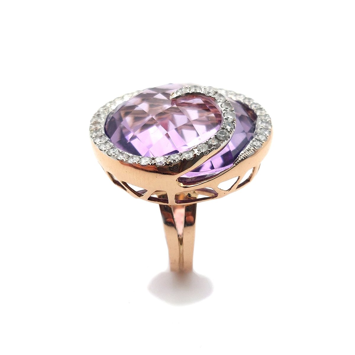 Large Amethyst "spirale" Ring, Diamonds And 18k Rose Gold-photo-1