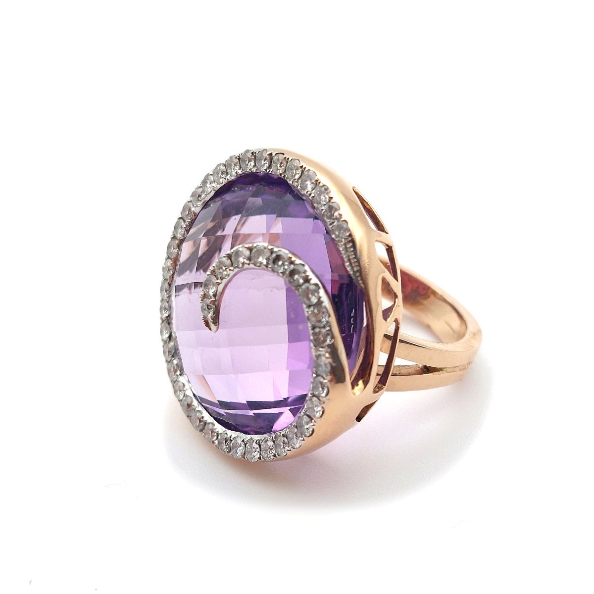 Large Amethyst "spirale" Ring, Diamonds And 18k Rose Gold-photo-2