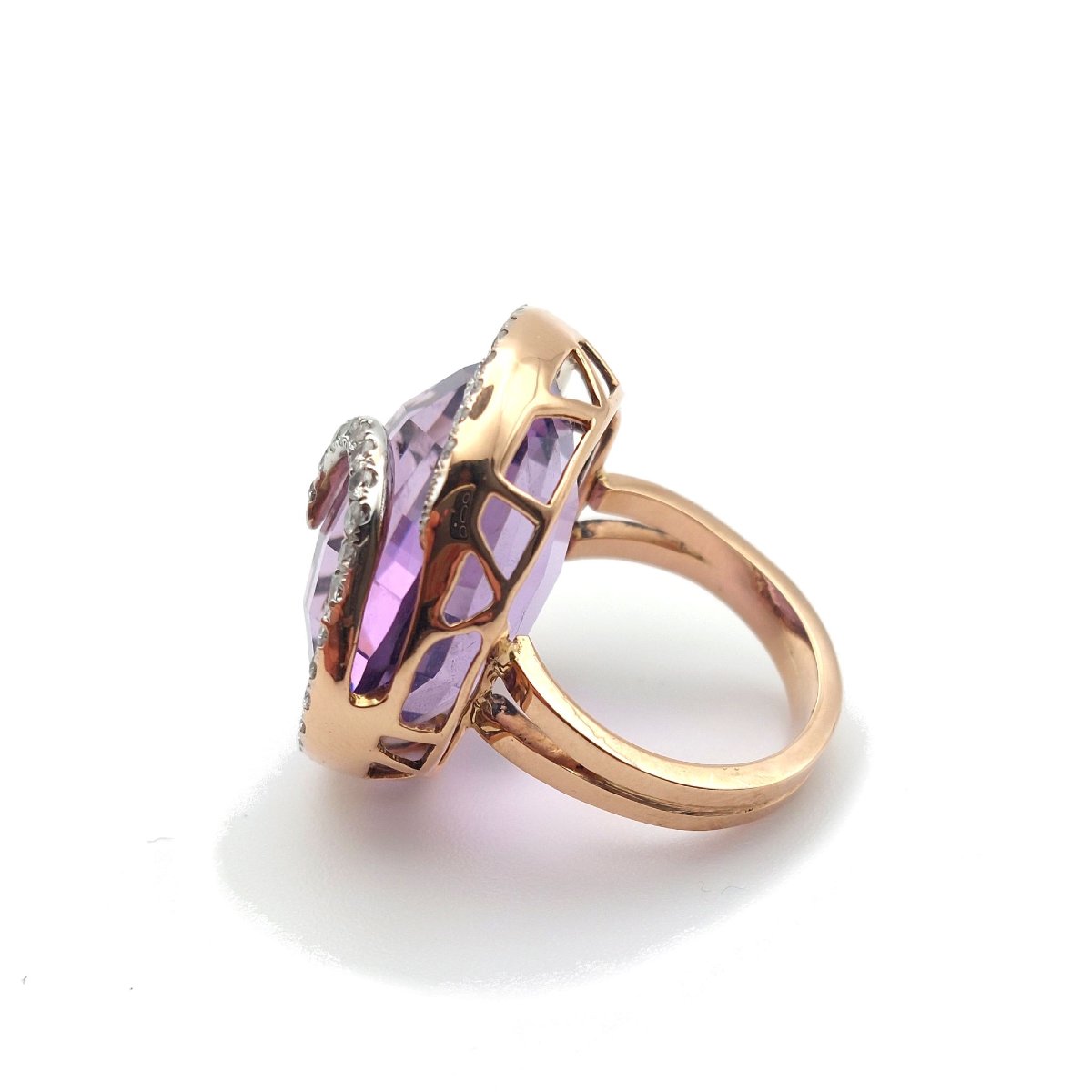 Large Amethyst "spirale" Ring, Diamonds And 18k Rose Gold-photo-3