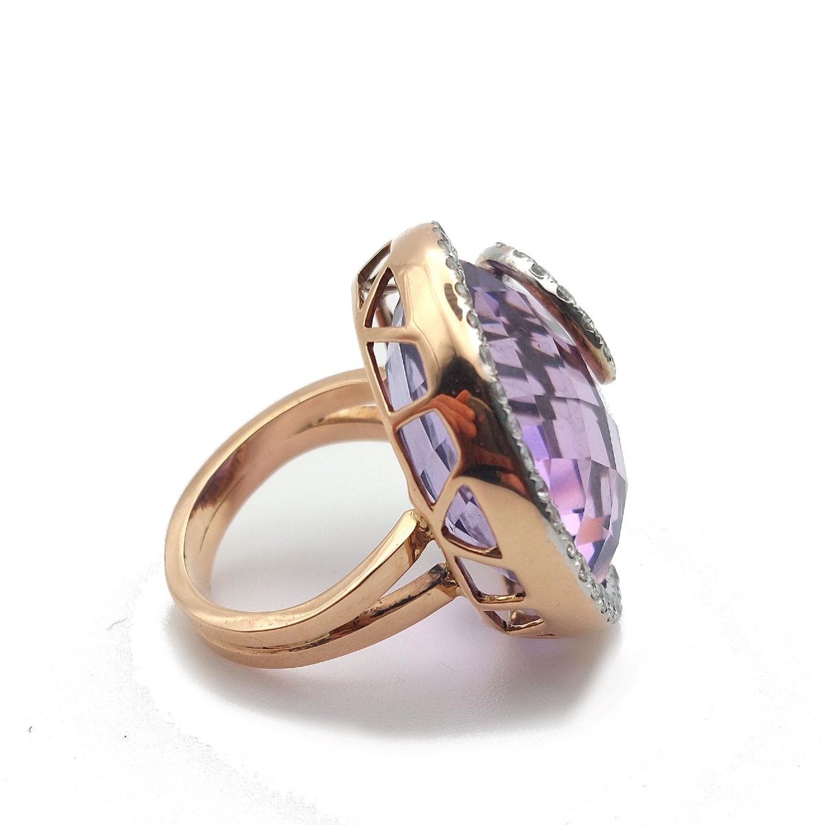 Large Amethyst "spirale" Ring, Diamonds And 18k Rose Gold-photo-5
