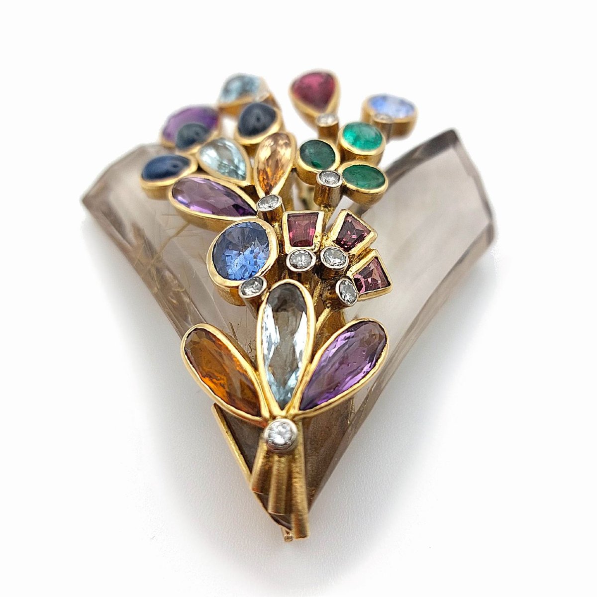 Broche bouquet en or jaune 18k, cristal de roche rutilé et pierres de couleur-photo-4