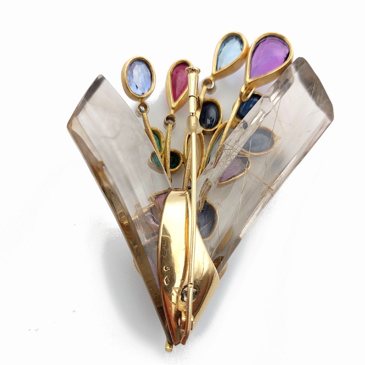 Broche bouquet en or jaune 18k, cristal de roche rutilé et pierres de couleur-photo-2