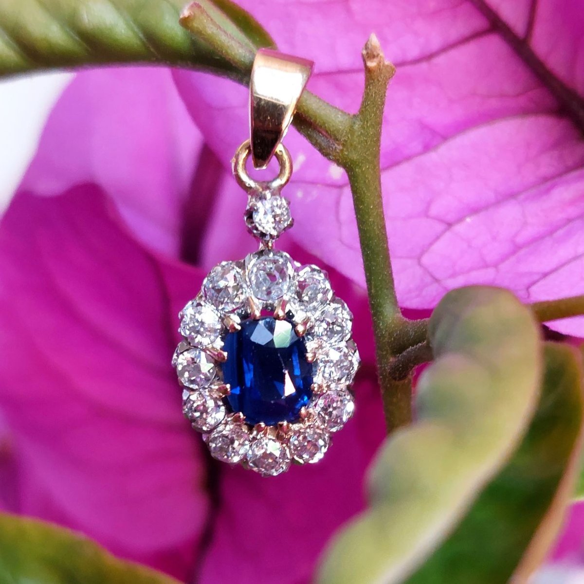Pendentif marguerite saphir XIXème, diamants et or 18k-photo-3