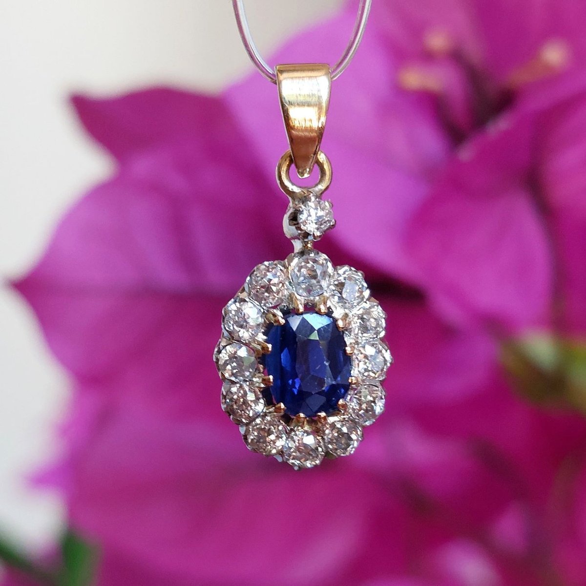 Pendentif marguerite saphir XIXème, diamants et or 18k-photo-1