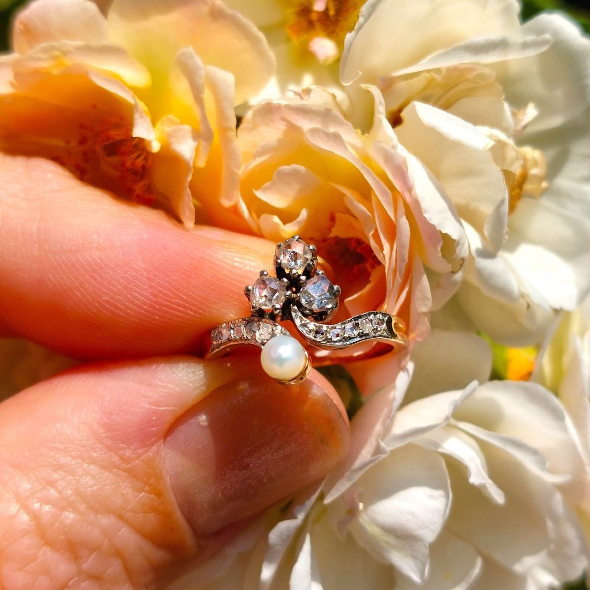 Bague duchesse Belle Époque diamants et perle fine-photo-4