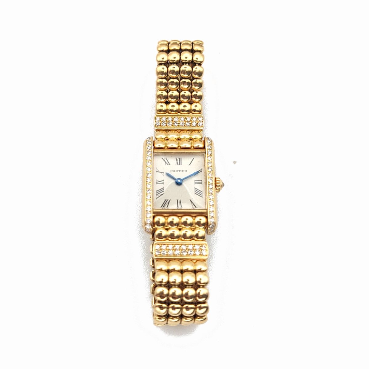 Montre Cartier Tank Louis Cartier mini, or jaune et diamants.-photo-4