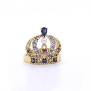 Crown Ring “marie-antoinette” , 18k Gold, Ruby, Pearl