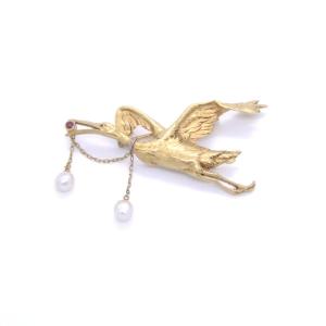 Broche-pendentif Cigogne Art Nouveau, Or Et Perles