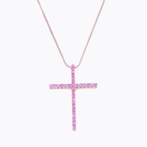 Grand Pendentif Croix « Rose », Saphirs Roses, Or