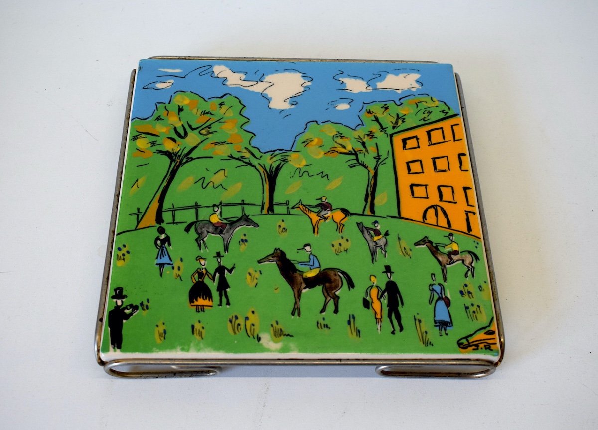 Trivet 1950 Ceramic Saint Clement Horse Racing Duffy Style Horses Ref415