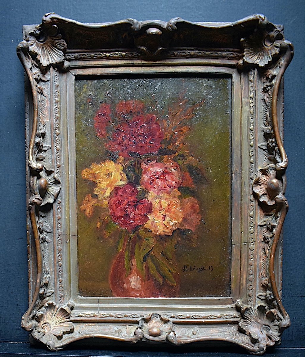 R Aubert Still Life With Flowers Signed Impressionist 1919 XX Rt627
