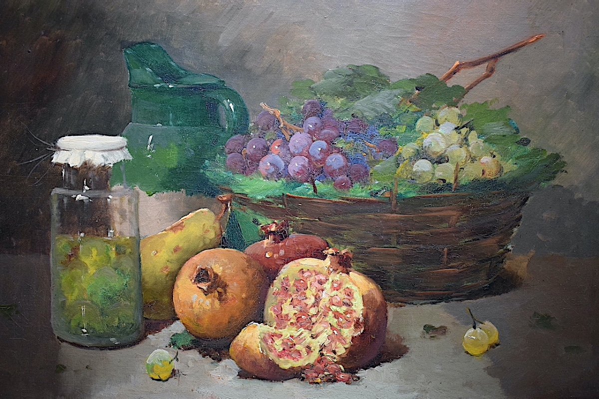Still Life With Fruits Basket Of Grapes Pomegranates Early XX Unsigned Impressionist Rt639-photo-2