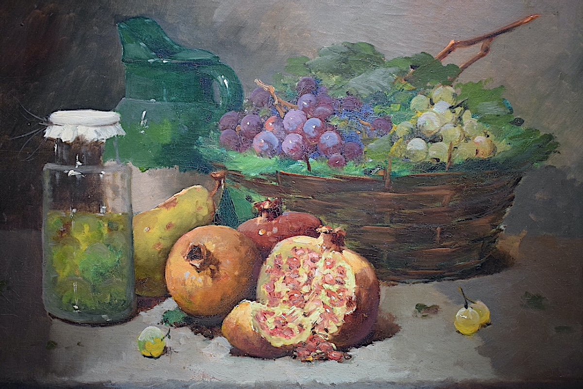 Still Life With Fruits Basket Of Grapes Pomegranates Early XX Unsigned Impressionist Rt639-photo-3