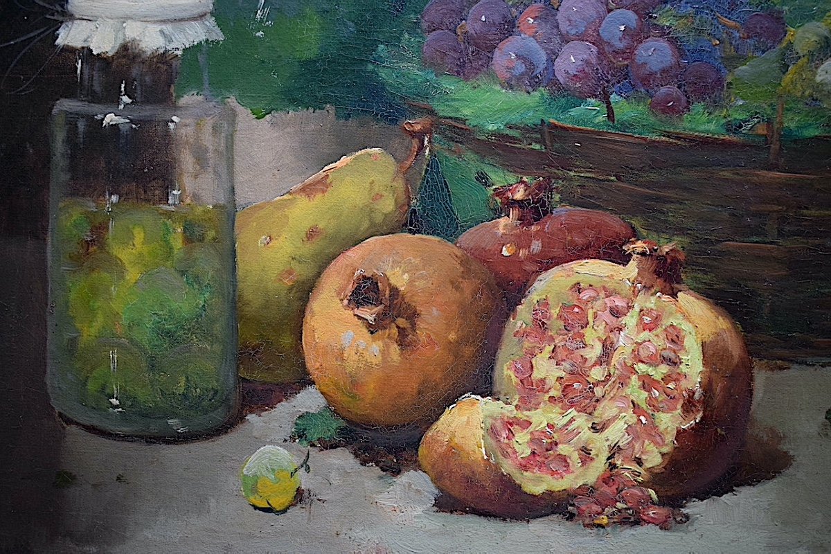 Still Life With Fruits Basket Of Grapes Pomegranates Early XX Unsigned Impressionist Rt639-photo-4