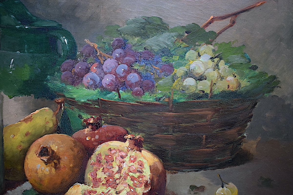 Still Life With Fruits Basket Of Grapes Pomegranates Early XX Unsigned Impressionist Rt639-photo-2