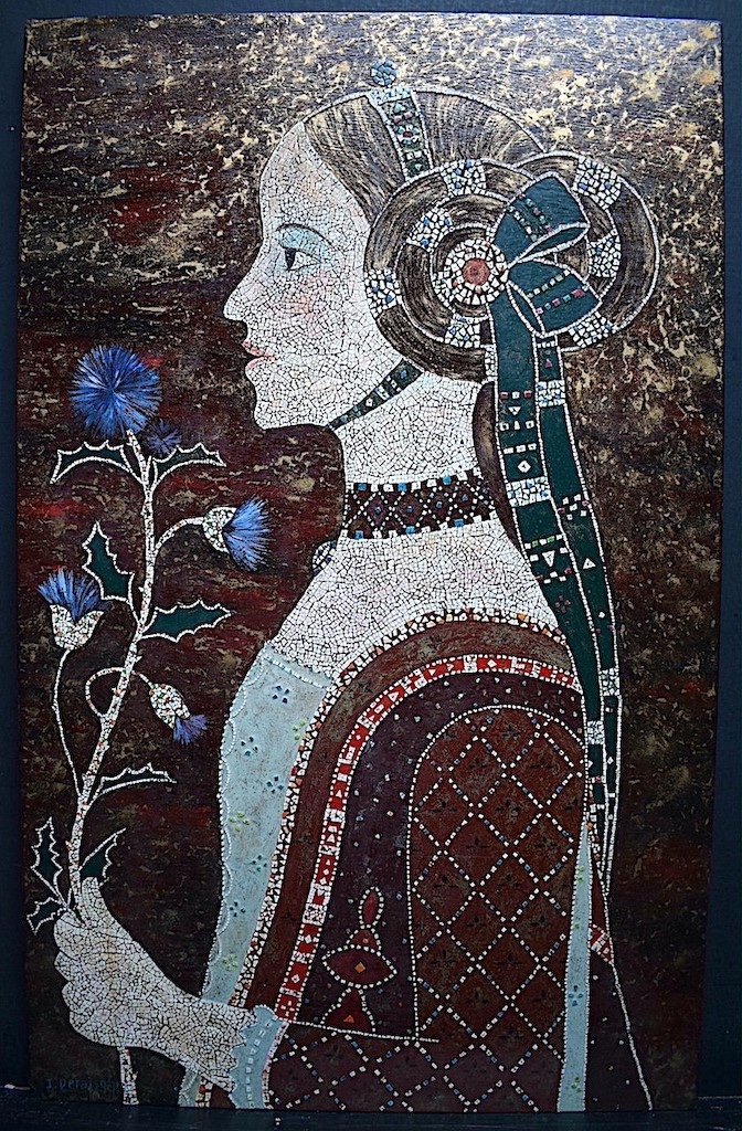 Symbolist Young Woman With Thistle Eggshell Marquetry Signed Deraison Rt649