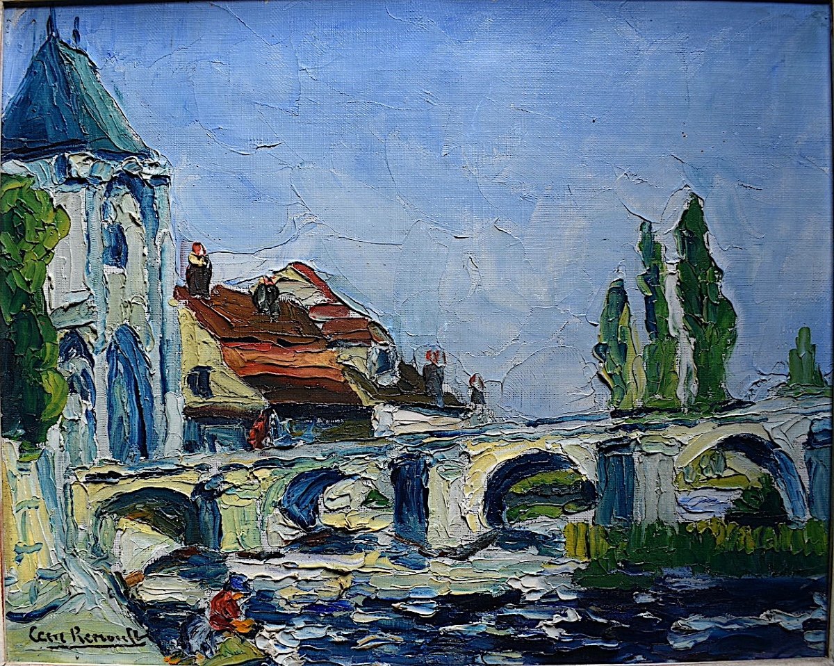 Paysage Pont Romain  Rivière Signé à Identifier  post impressionniste XX Rt652-photo-2