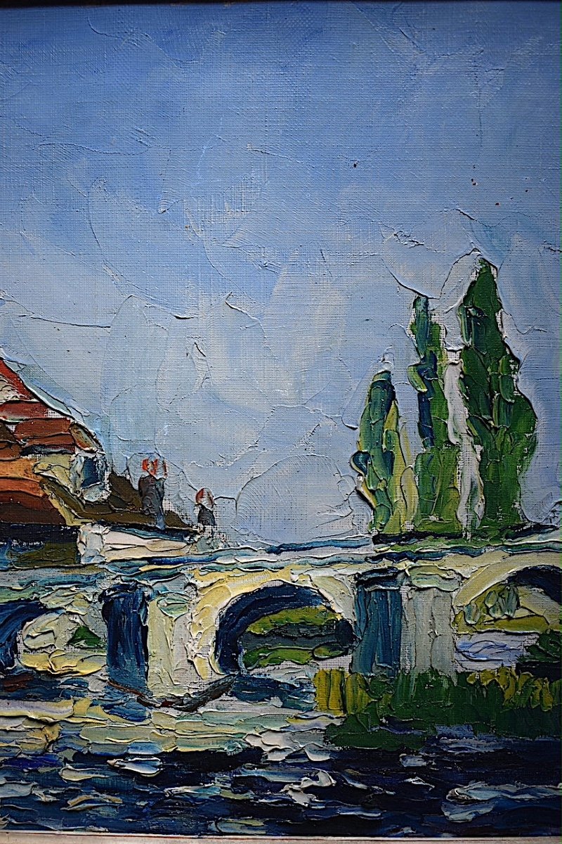Paysage Pont Romain  Rivière Signé à Identifier  post impressionniste XX Rt652-photo-3