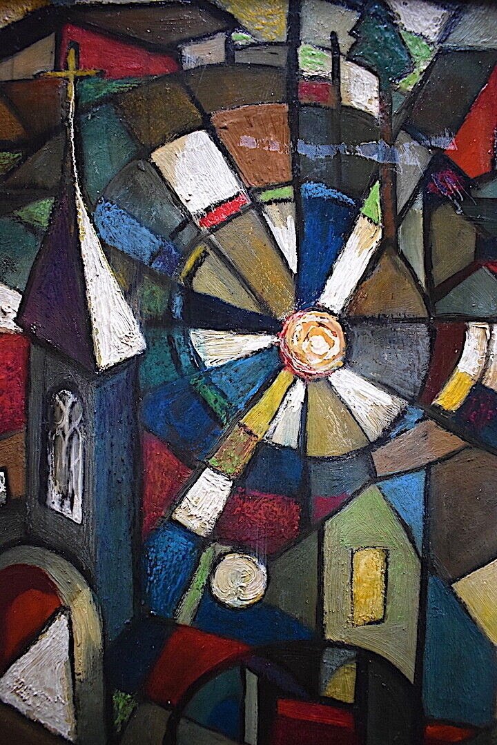 M Masoni Landscape Village Morteau Doubs Abstract Cubist Stained Glass Style Signed M Masoni XX Rt684 -photo-4